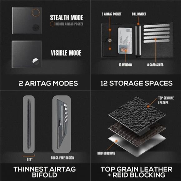 Mens Leather Wallet with AirTag Holder: Hidden Pocket Compatible - Picture 9 of 14